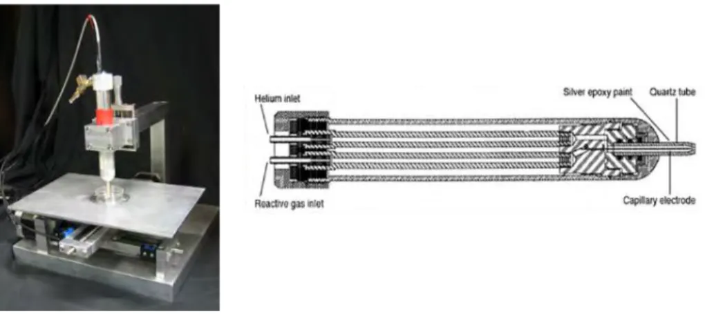 Figure 1-5  Picture of the APGD-t mounted over a Petri dish placed on the X–Y motorized platform  and schematic drawing [70]