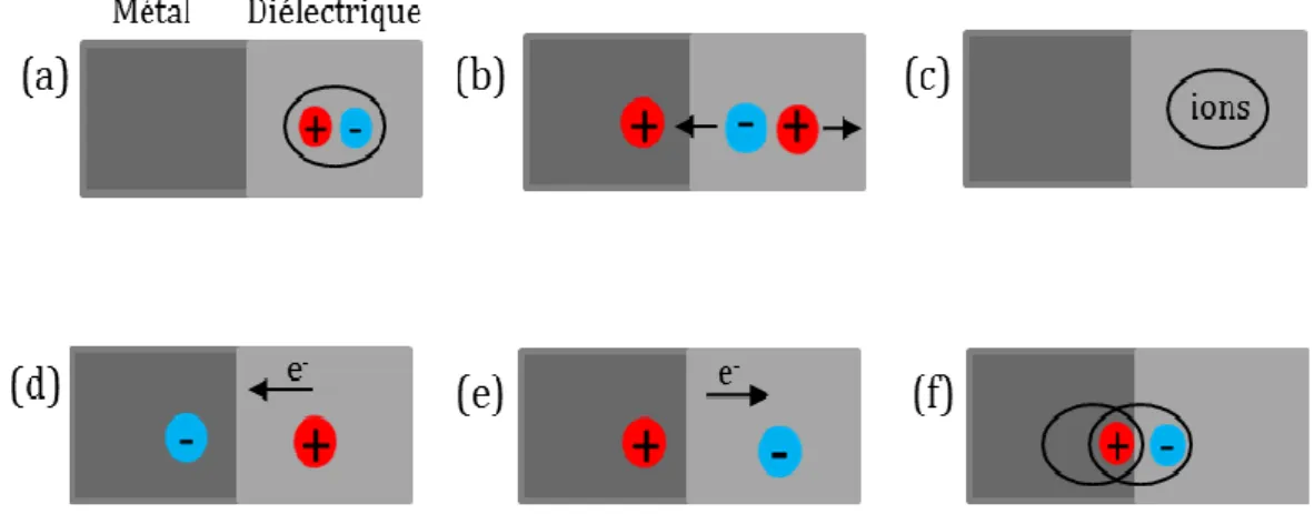 Figure II.1.  Différents types de génération de la charge d’espace : (a) dipôles, (b) porteurs  ioniques, (c) électro dissociation d'espèces neutres, (d) injection de trous, e) injection 