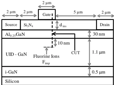 Figure 3.11 Schematic cross-section of the simulated MIS-HEMT with Fluorine implanted in  GaN below the channel 