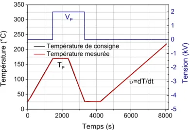 Figure III-5. Protocoles de tension et de température utilisés pour les mesures TSDC classiques T P =170ºC