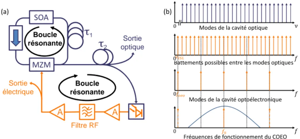 Figure 1.17 – (a) Schéma d’un oscillateur optoélectronique couplé. MZM : Modulateur Mach-Zehnder ; SOA : Amplificateur optique à semiconducteur ; A : Amplificateur 