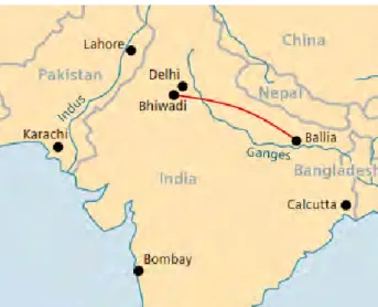 Figure 2: Liaison HVDC en Inde entre les stations de conversion de « Ballia » et  de « Bhiwadi »   d’une longueur de 800 km [14] 
