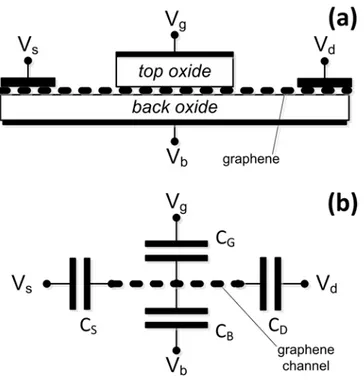 Figure 3.7: (a) The cross-section of the large-area graphene FET of [ 14 ]. Graphene is the black thick dotted line under contacts and top-gate oxide