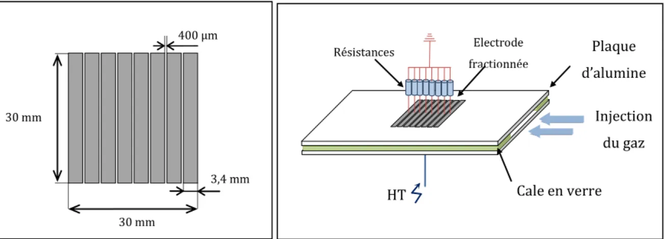 Figure II-9 : Schéma de cellule de décharge avec l’illustration de l’électrode fractionnée