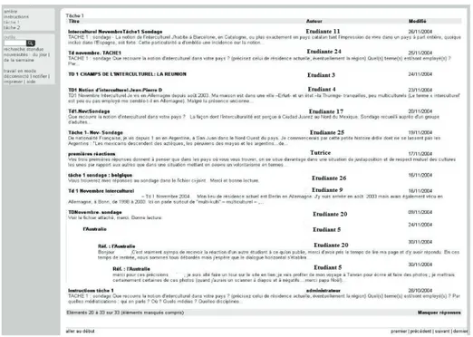 Figure 2 : Copie d’écran d’un forum de maîtrise de FLE (2004-2005) présentant une succession  de monologues et un dialogue apprenant/apprenant à plusieurs tours de parole 