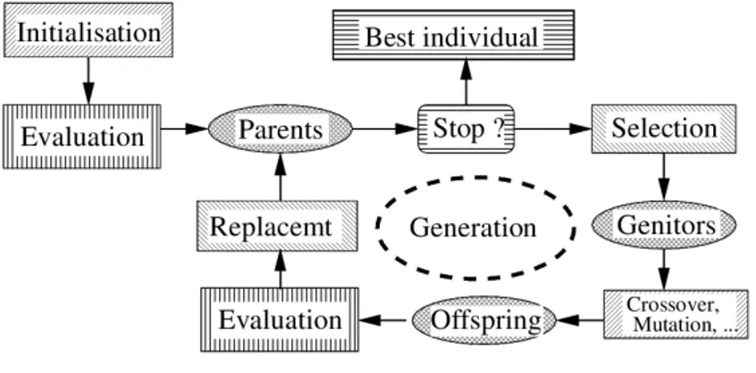 Figure 2.2 – Squelette d’un algorithme évolutionnaire par Marc Schoenauer. Image extraite de [ Keijzer et al., 2001 ]