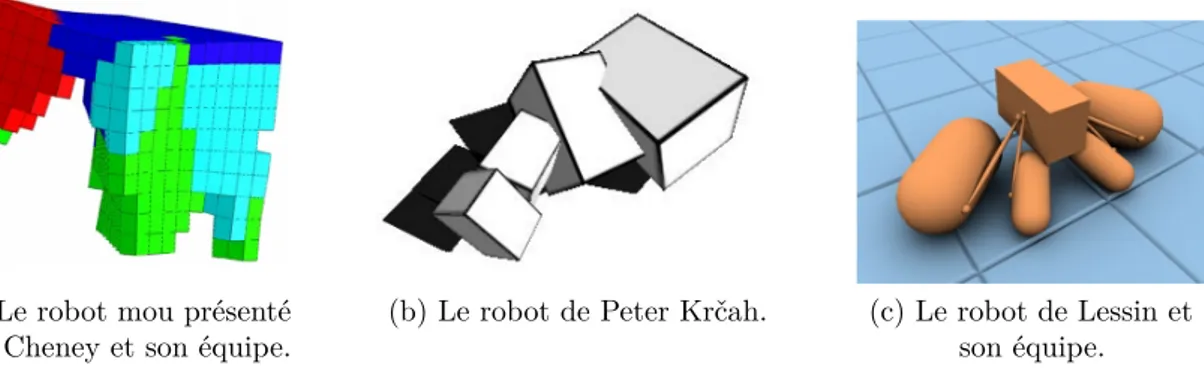 Figure 2.7 – Exemple de robots évolués pour leurs capacités de déplacement.