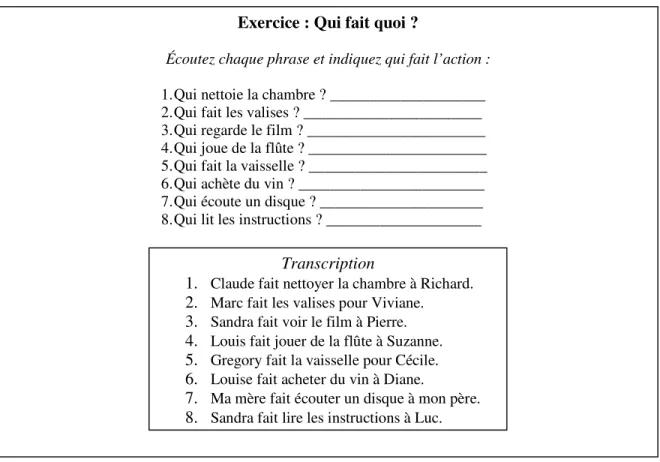 Tableau 4   Exemple d’activité à input manipulé pour enseigner « faire + verbe infinitif » en FLE 32  : 