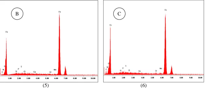 Fig. III.17.b : (1 ; 2 ; 3) Observation MEB de la surface de l’acier après immersion dans  HCl 1M en présence de 10 -1 M de l’ATMP pendant 24h ; (4 ;5 ; 6) analyse EDX de la  surface de l’acier après immersion dans HCl 1M en présence de 10 -1 M de l’ATMP pendant 