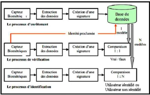 Figure 1.6. Principaux modules d’un système biométrique ainsi que les différentes modes  [8] 