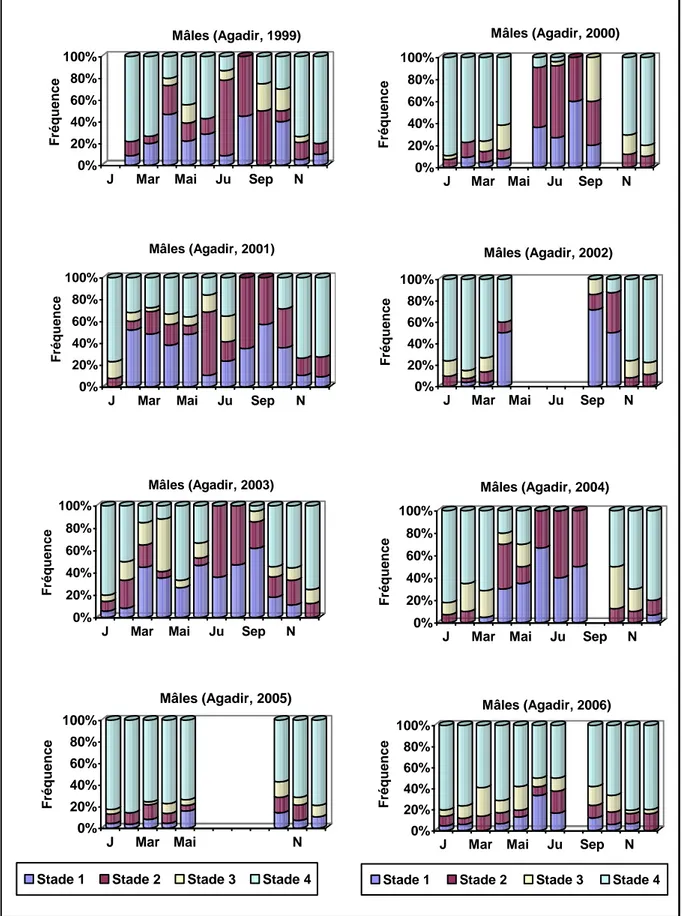 Figure 27 : Evolution mensuelles des fréquences des stades macroscopiques de la maturité sexuelle     