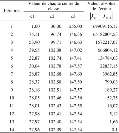 Table III.3.2. Différents états de l’algorithme de classification floue parallèle avec des les valeurs 