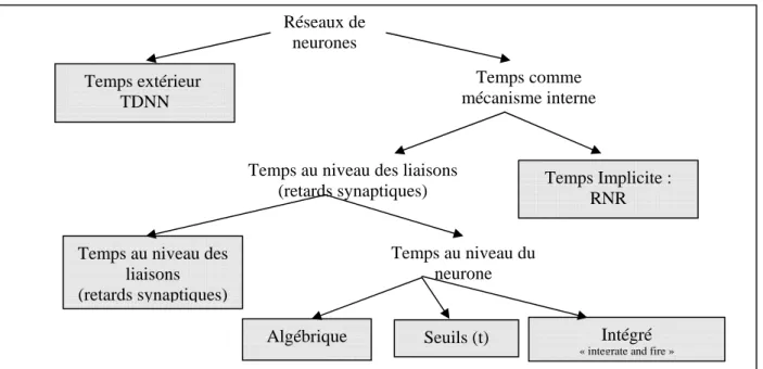 Figure II.4 : Réseaux de neurones temporels classés selon le degré de l’intégration du temps  dans leurs modèles 