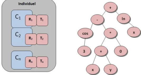 Figure 2.3 – Représentation de deux individus pour deux problèmes d’algorithmes évo- évo-lutionnaires : gauche, (a) Représentation du génome pour les examens horaires