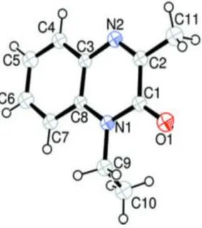 Figure 14 : ORTEP du composé 1-ethyl-3-methylquinoxalin-2(1H)-one 154 Tableau 2: Données cristallographiques du composé 154