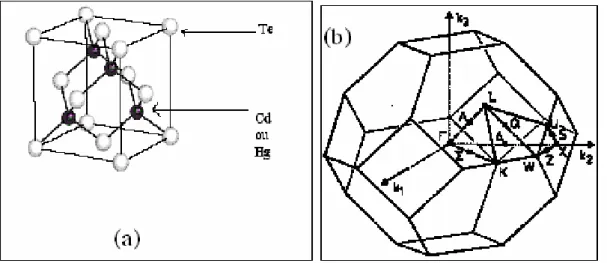 Figure  I.7 :  Structure  cristalline  de  Hg 1-x Cd x Te  (a).  Première  zone  de  Brillouin  de         