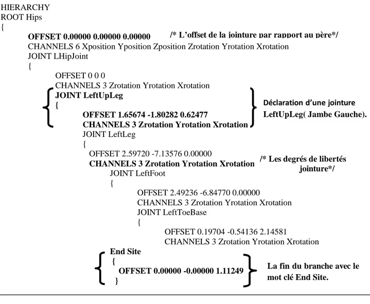 Figure 2.7 Exemple de la partie hiérarchique du fichier BVH. 