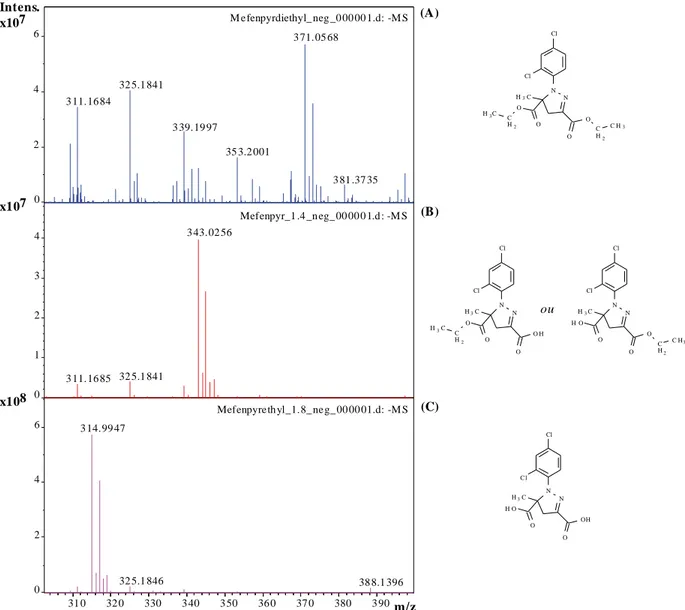 Figure III-7 : Spectres de masse FT-MS en mode négative du mefenpyrdiethyl et de ces  produits d’hydrolyse 