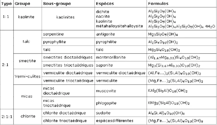 Tableau 1: Classification des phyllosilicates [9].  I.6.  Classification des minéraux argileux simples  