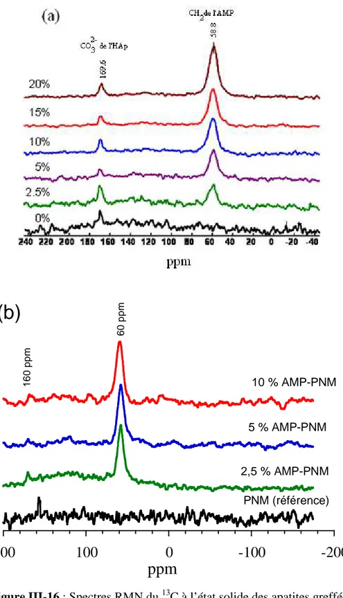 Figure III-16 : Spectres RMN du  13 C à l’état solide des apatites greffées    (a) AMP-HAp et (b) AMP-PNM comparés à ceux de référence