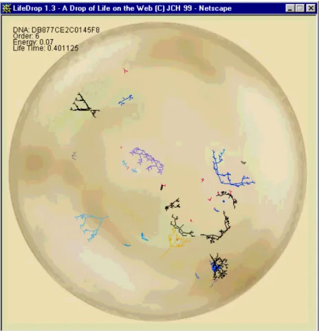 Figure 3.5 – Une capture d’écran de la première version de LifeDrop montrant un petit ensemble de créatures qui se déplacent dans l’environnement 3D.
