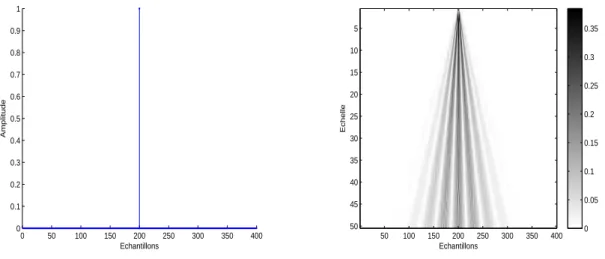 Figure 2.5 Impulsion de dirac (unitaire) et le module de sa CWT.