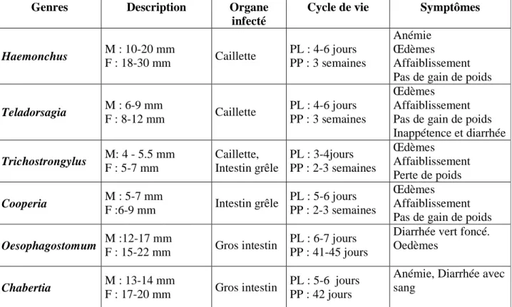 Tableau  1 :  Caractéristiques  des  principaux genres  de  parasites  du  tractus  digestif  chez  les  ovins,  bovins et  caprins
