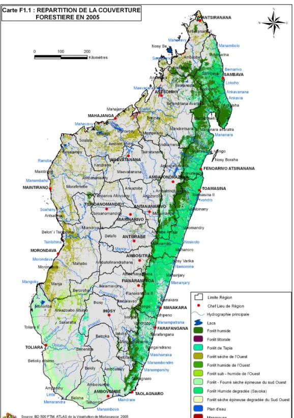 Fig. 4.1 – R´epartition de la couverture foresti`ere ` a Madagascar en 2005