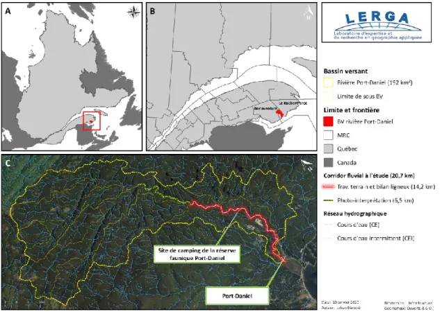 Figure 7. Localisation du corridor fluvial à l'étude à l'échelle du (A) Québec, de (B) l’Est-du-Québec et du  (C) bassin versant 