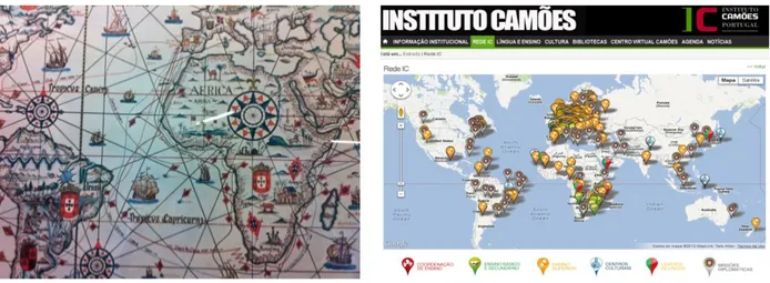 Figure  3:  les  conquêtes  portugaises  affichées  à  l'ambassade  portugaise  de  Berne  (à  gauche)  et  le  réseau  de  l'institut  Camões (à droite) 