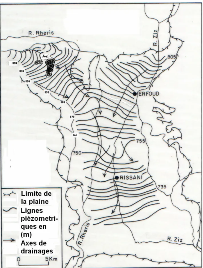 Figure 8 : Carte piézometrique de la plaine de Tafilalet (d’après Margat, 1977)
