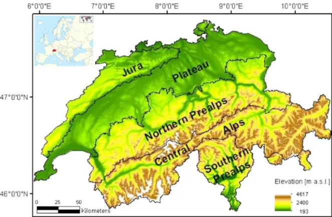 Figure 5 Localisation de la Suisse et description de sa topographie et de ses principales régions 