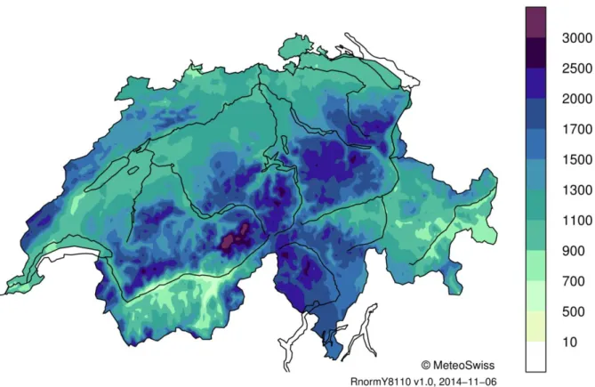 Figure 6 Cumul annuel moyen des précipitations (en mm) sur l’ensemble du territoire suisse, 