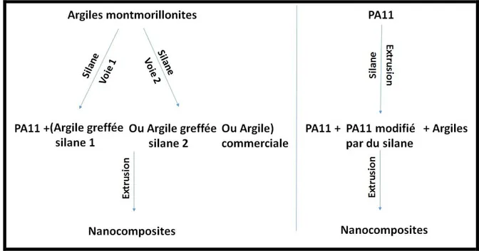 Figure ii. Stratégies de préparation des nanocomposites à base de polyamide 