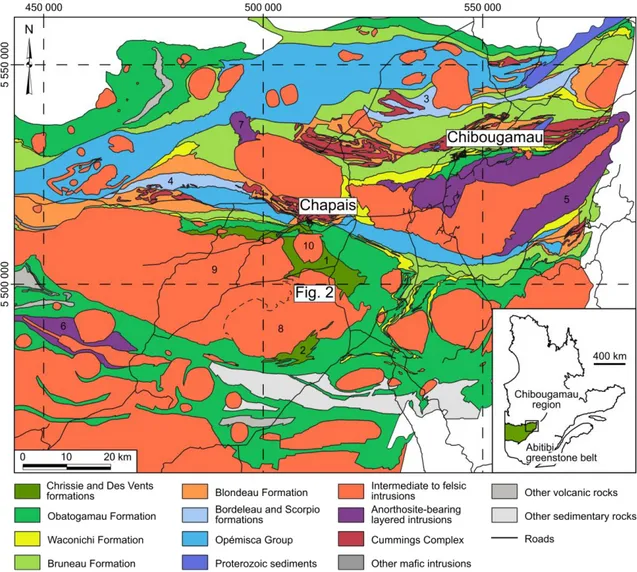 Figure  1:  Simplified  geological  map  of  the  Chibougamau  area,  modified  from  the 