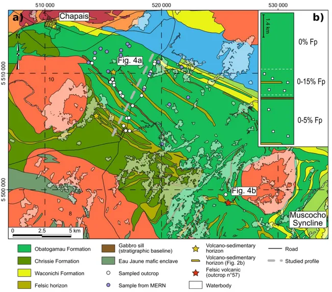Figure  2:  (a)  Simplified  geological  map  of  the  main  study  area,  modified  from  the 