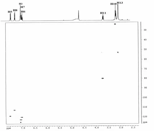 Figure 14 : Spectre de RMN HSQC de l’hypaphorine (400 MHz, H 2 O-CD 3 OD,  