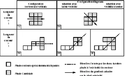 Figure 4.2 Evolution d’un agent contour à partir d’un germe initial.  La case marquée par un croix représente le germe initial du contour, les  8-voisins de ce germe sont marquée par des cases candidats (gris clair)