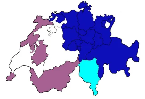 Figure 5: Cantons participant au projet IFCH et langue de récolte de données (violet :  français /  turquoise :  italien /  bleu : allemand) 