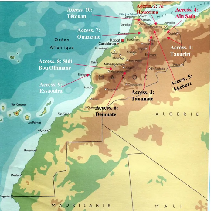 Figure II. 1: Différentes localités marocaines où les accessions ont été collectées 
