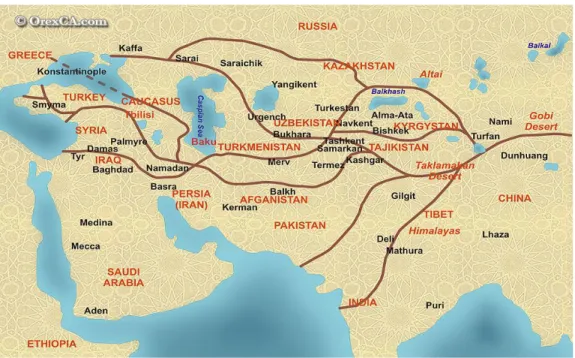 Figure 4 : La carte de la Grande Route de la Soie  Source : http://www.orexca.com/rus/silkroad.shtml                                                          