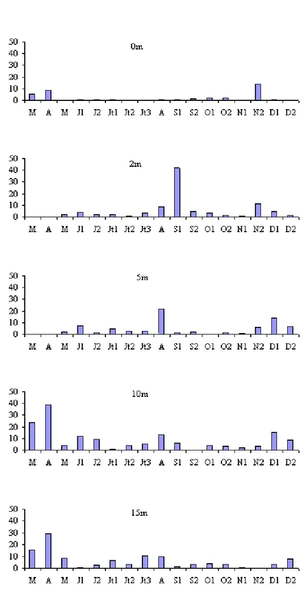 Fig. 20 - Variations spatio-temporelles des biomasses bactériennes aux profondeurs 0 ; 2 ; 5 ; 10 ; 15 m   