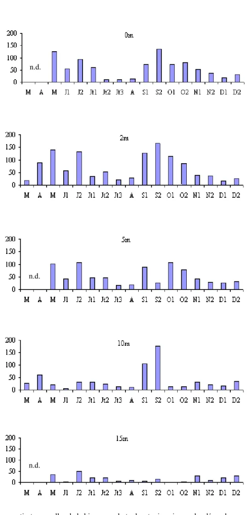 Fig. 26 - Variations spatio-temporelles de la biomasse phytoplanctonique issues des dénombrements cellulaires, aux  profondeurs 0 ; 2 ; 5 ; 10 ; 15 ; 20 m et au fond-1m (en μg.l -1 ) pour l’année 1998