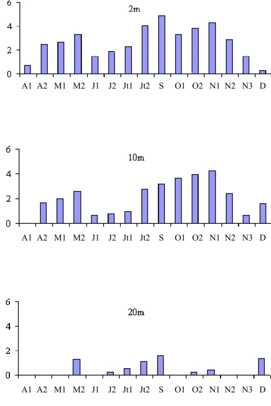 Fig. 28 - Variations spatio-temporelles des teneurs en chlorophylle a (μg.l -1 )) aux profondeurs 2; 10 et 20m pour  l’année 1996
