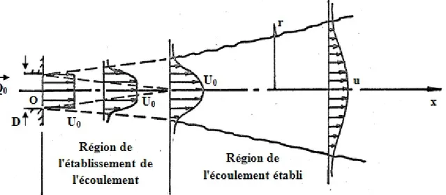 Fig. I.2. Distribution des profils de vitesse suivant les zones de l'écoulement dans un jet 