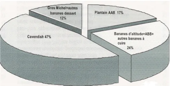Fig. 1:  Production  mondiale  de  bananes  par  variété  (moyenne  1998-2000)  (d’après  Arias et al., 2004)