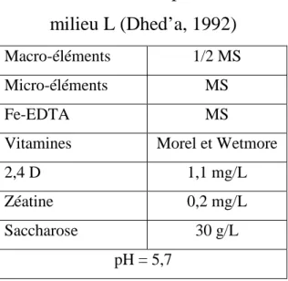 Tableau 12 : Composition du  milieu L (Dhed’a, 1992) 