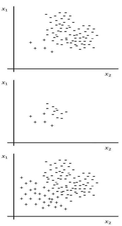 Figure 2.10: Data-set unbalance illustration. Top, negative data far outnumber the positive data
