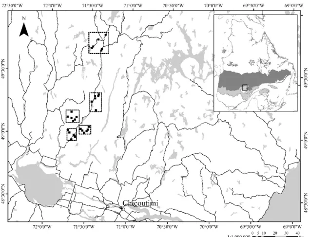 Figure 1. Map of the study area. Black squares represent the experimental sites within the 5 