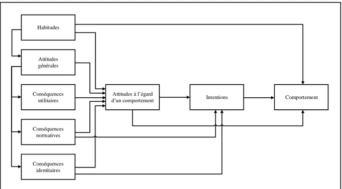 Figure  3.  Représentation  du  modèle  composite  de la relation  attitude-comportement  (adapté  d’Eagly &amp;  Chaiken, 1993, p
